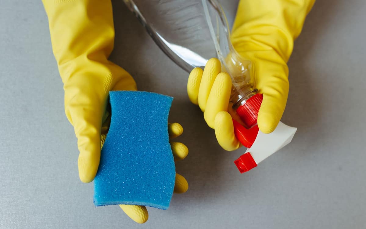 Gloved hands holding a sponge and a spray bottle